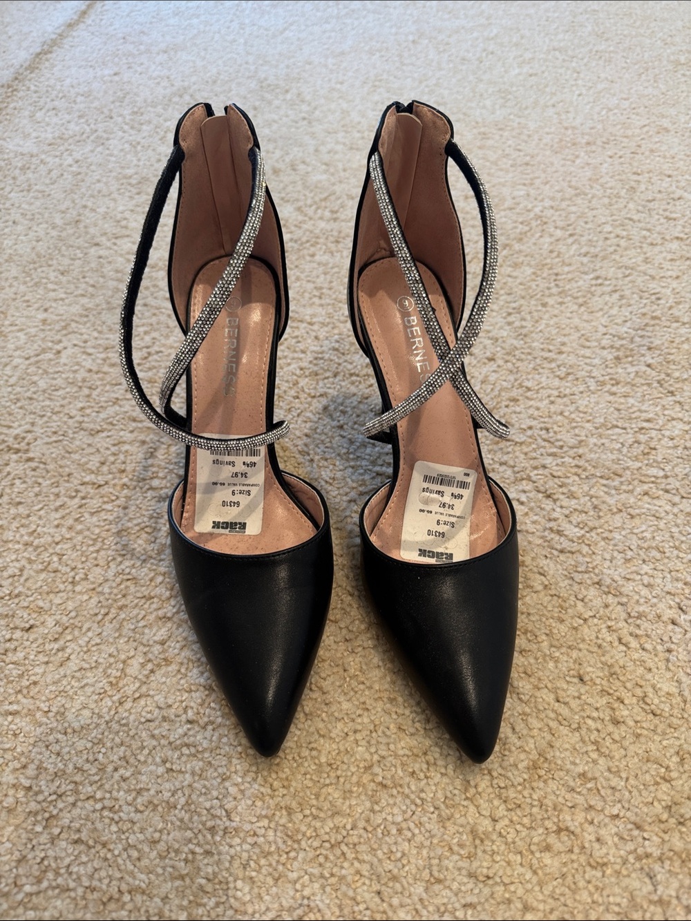 NEW BERNESS Black Pointed Toe Heels with Crystal Wrap Straps